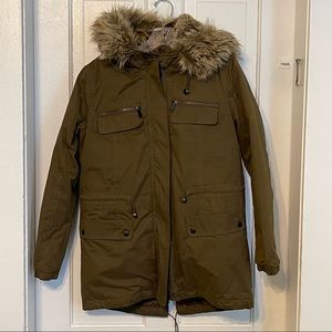 FOREVER 21 Faux Fur Lined Removable Hood Brown Winter Coat Women’s size Small